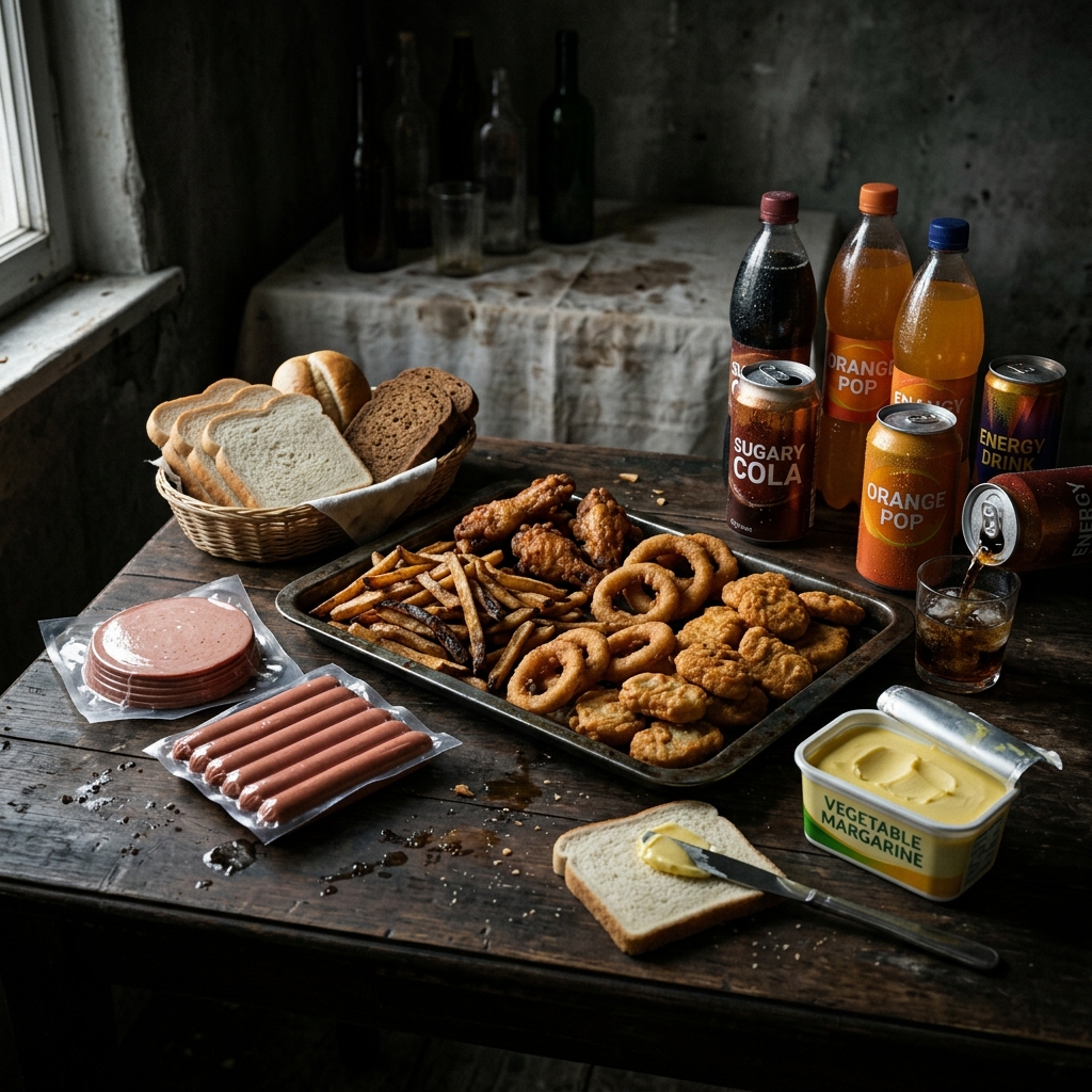 A darker, dramatic display of processed, unhealthy Bad Foods