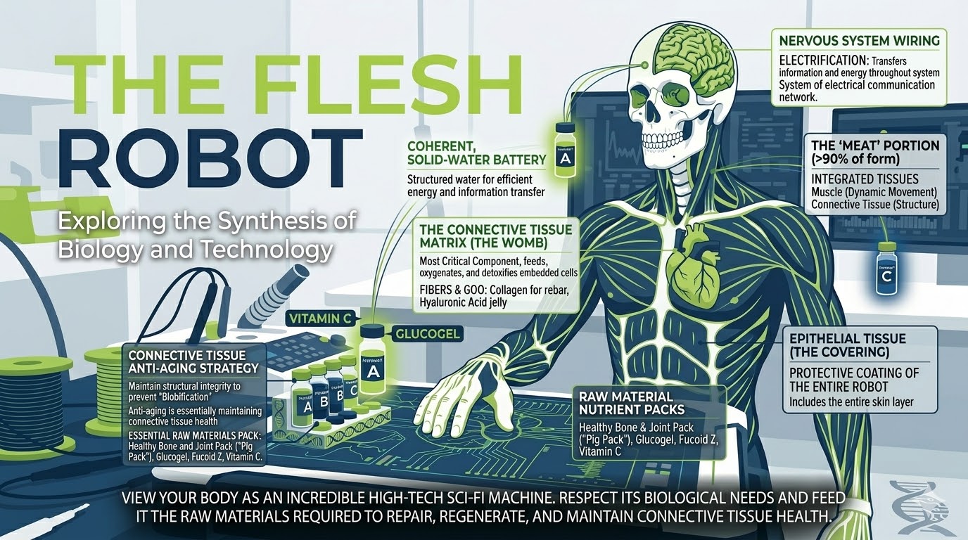 The Flesh Robot infographic — detailed breakdown of the body's connective tissue, nervous system, epithelial tissue, and essential raw material nutrient packs