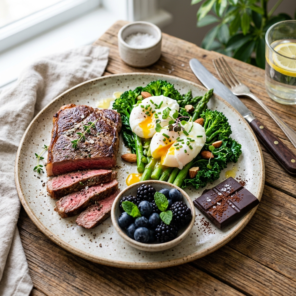 Vibrant, fresh, wholesome Good Foods including soft-yolk eggs, high-quality red meat, vegetables, berries, and dark chocolate